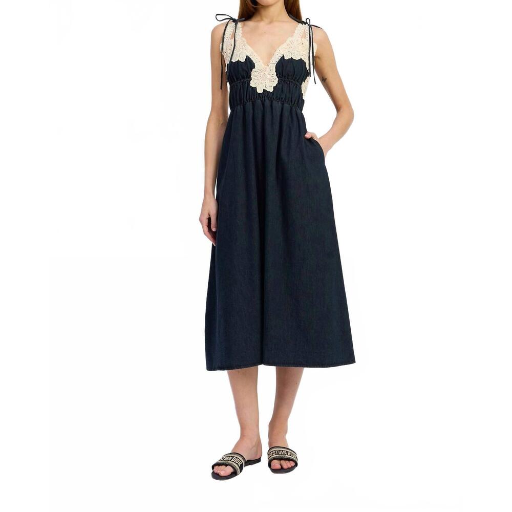 En Saison Navy Midi Dress with Cream Lace Trim
